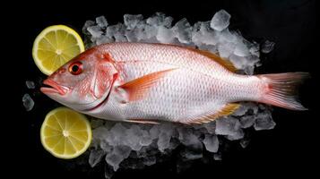 A raw fish white snapper with lemon on ice. snapper fish. Generative Ai photo