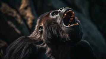 A gorilla is shouting on a high cliff. Generative Ai photo