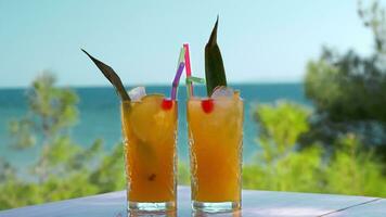 Refreshing fruit drinks with ice cubes falling into glasses video