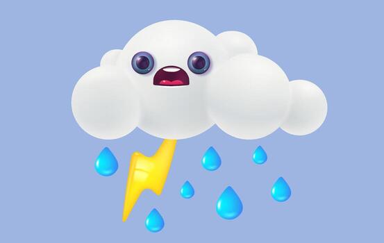Vector illustration of white cloud with water drops and lightning in 3D style. Vector weather icon with cloud and rain in realistic style. Thunderstorm.