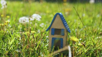 tafereel met speelgoed- huis in de gras vertegenwoordigen eco-huis video