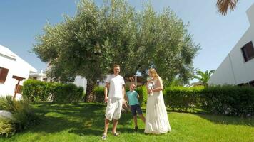 joven familia con dos niños cerca aceituna árbol en el jardín video