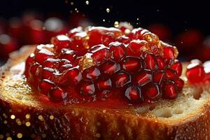 Pomegranate toast, macro shot of a fresh breakfast with Dripping Honey, AI Generated photo