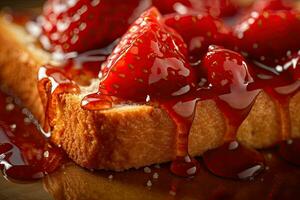 Strawberry toast, macro shot of a fresh breakfast with Dripping Honey, AI Generated photo