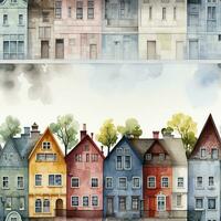 Row of homes in watercolor style seamless pattern, created with generative AI photo