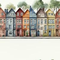 Row of homes in watercolor style seamless pattern, created with generative AI photo