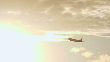 Flugzeug fliegend im das Licht von hell Abend Sonne video