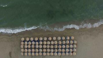 Empty sunbeds at the seaside, aerial video