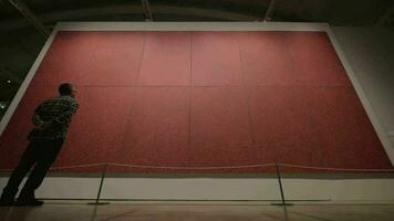 bezoeker van kunst museum op zoek Bij rood polka schilderij door yayoi kusama video