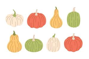 Pumpkins of different colors and shapes. Hello autumn, autumn harvest, autumn design elements vector