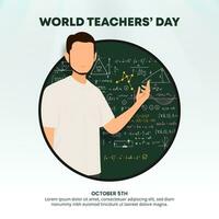 Square World Teachers Day background with a teacher explaining in the front with a chalkboard vector