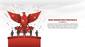 hari kesaktian pancasila o pancasila santidad día con rojo Garuda y héroes vector