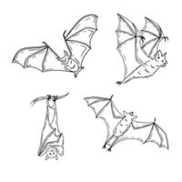 Collection of doodle single line cartoon bats. Sketch hand drawn design for Halloween for coloring pages, stickers, tatoo. Black outline animals simple drawn on white background. vector