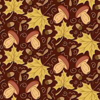 Flat hand drawn mushroom and maple leaves seamless pattern on dark background. Isolated color outline autumn leaves, maple key, acorn and boletus. Cartyoon botany design for wrapping paper, textile vector