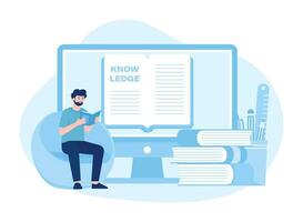 A man reading a book online on a computer screen concept flat illustration vector