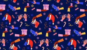 New Year seamless pattern. Pattern with festive elements. New Year's sock with gifts, garland with light bulbs, gift in hand. Vector background in flat style. For printing on wrapping paper, textiles.