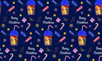 Christmas seamless pattern. Sample with winter drinks, tea with lemon and spices. Vector background in flat style. For printing on wrapping paper, textiles, wallpaper.