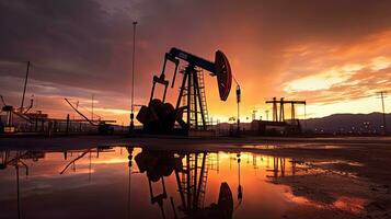 Silhouette of Crude oil pumpjack rig on desert silhouette in evening sunset, energy industrial machine for petroleum gas production. Generative Ai photo