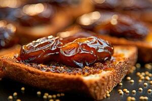 Saudi Arab Dates toast, macro shot of a fresh breakfast with Dripping Honey, AI Generated photo