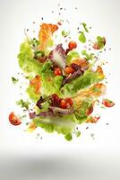Salad flying ingredients on white background, AI Generated photo
