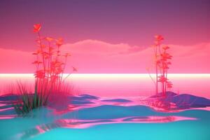 3D Render Neon Summer Beachscape Generative AI photo