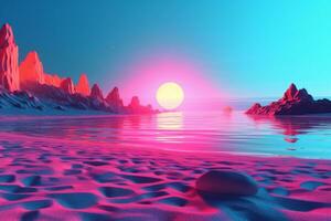 3D Render Neon Summer Beachscape Generative AI photo