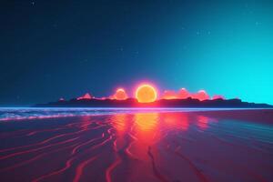 3D Render Neon Summer Beachscape Generative AI photo