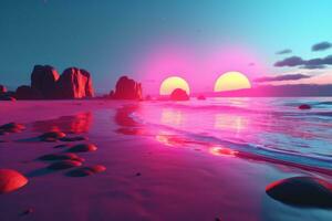 3D Render Neon Summer Beachscape Generative AI photo