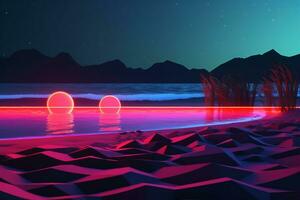 3D Render Neon Summer Beachscape Generative AI photo