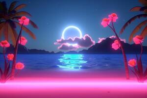 3D Render Neon Summer Beachscape Generative AI photo