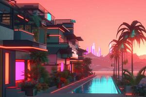 3D Render Futuristic Neon Summer City Background photo