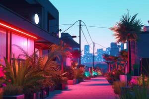 3D Render Futuristic Neon Summer City Background Generative AI photo