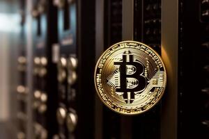 Closeup of a Bitcoin in a Bank photo