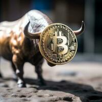 Closeup of a Bitcoin with a Bull Generative AI photo
