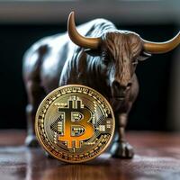 Closeup of a Bitcoin with a Bull Generative AI photo