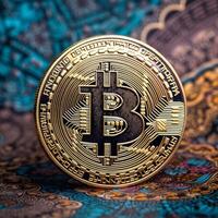 Closeup of a Bitcoin with a Unique Backdrop Generative AI photo