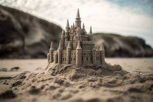 Detailed Sandcastle on a Beach Generative AI photo