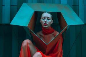 Female Model Posing in Futuristic Minimalistic Otherwordly Achitecture photo