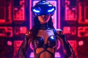 Heavily Stylized Portrait of a Woman Immersed in a VR Headset Simulation photo