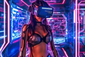 Heavily Stylized Portrait of a Woman Immersed in a VR Headset Simulation photo