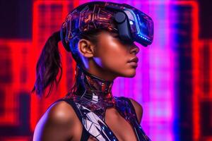 Heavily Stylized Portrait of a Woman Immersed in a VR Headset Simulation photo