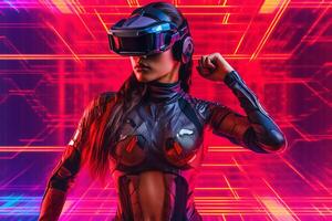 Heavily Stylized Portrait of a Woman Immersed in a VR Headset Simulation photo