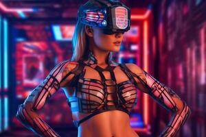Heavily Stylized Portrait of a Woman Immersed in a VR Headset Simulation photo