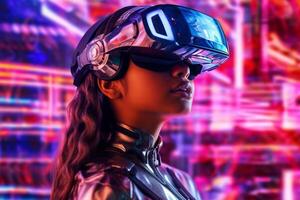 Heavily Stylized Portrait of a Woman Immersed in a VR Headset Simulation photo