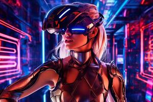 Heavily Stylized Portrait of a Woman Immersed in a VR Headset Simulation photo