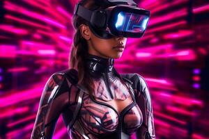 Heavily Stylized Portrait of a Woman Immersed in a VR Headset Simulation photo