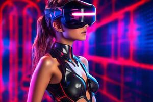 Heavily Stylized Portrait of a Woman Immersed in a VR Headset Simulation photo