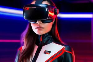 Heavily Stylized Portrait of a Woman Immersed in a VR Headset Simulation photo