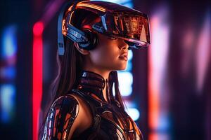 Heavily Stylized Portrait of a Woman Immersed in a VR Headset Simulation photo