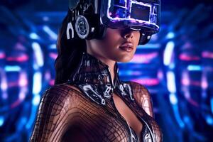 Heavily Stylized Portrait of a Woman Immersed in a VR Headset Simulation photo